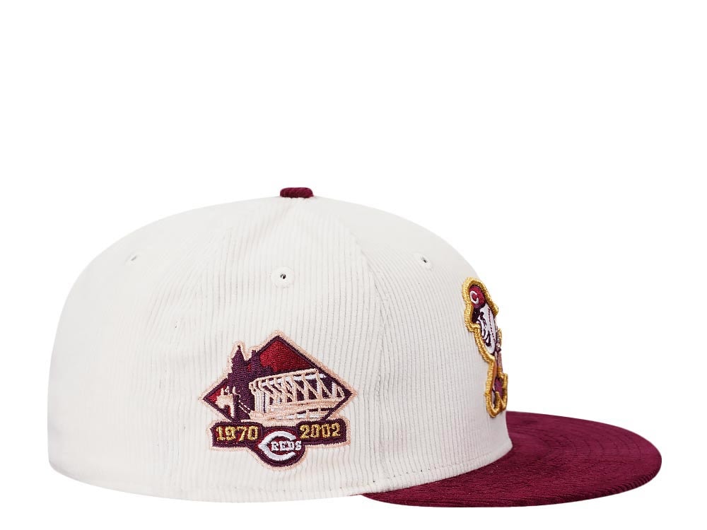 New Era Cincinnati Reds Riverfront Stadium Cream Merlot Two Tone Corduroy Edition 59Fifty Fitted Cap