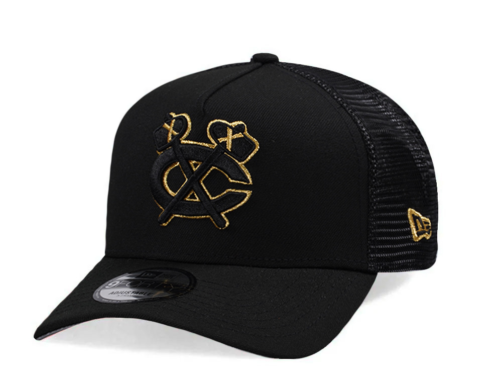 New Era Chicago Blackhawks Metallic Gold Black Edition 9Forty A Frame Trucker Snapback Cap