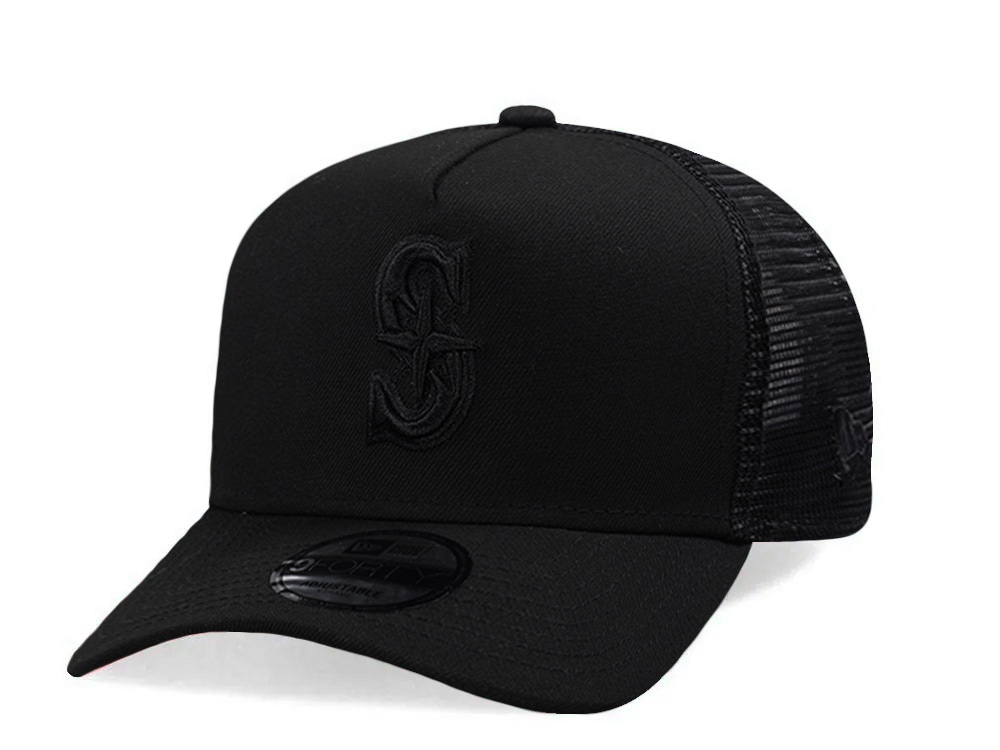 New Era Seattle Mariners Black On Black Edition 9Forty A Frame Trucker Snapback Cap