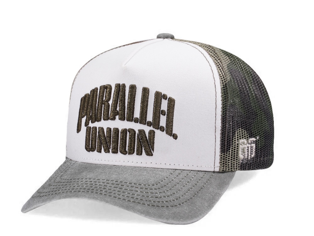 Parallel Union Stencil Script White Edition Trucker Snapback Cap