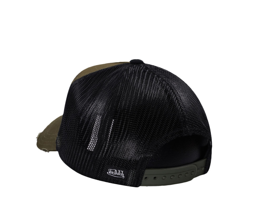 Von Dutch Square Patch Distressed Olive Trucker Snapback Cap